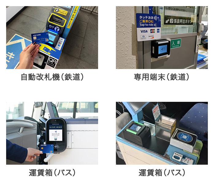 公共交通機関のタッチ決済対応専用改札や専用端末の例。自動改札機（鉄道）・専用端末（鉄道）・運賃箱（バス）